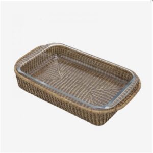 Bandeja de ratan rectangular con pirex de cristal pequeña