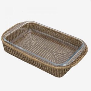 Bandeja de Rattan grande con pirex de cristal mediano